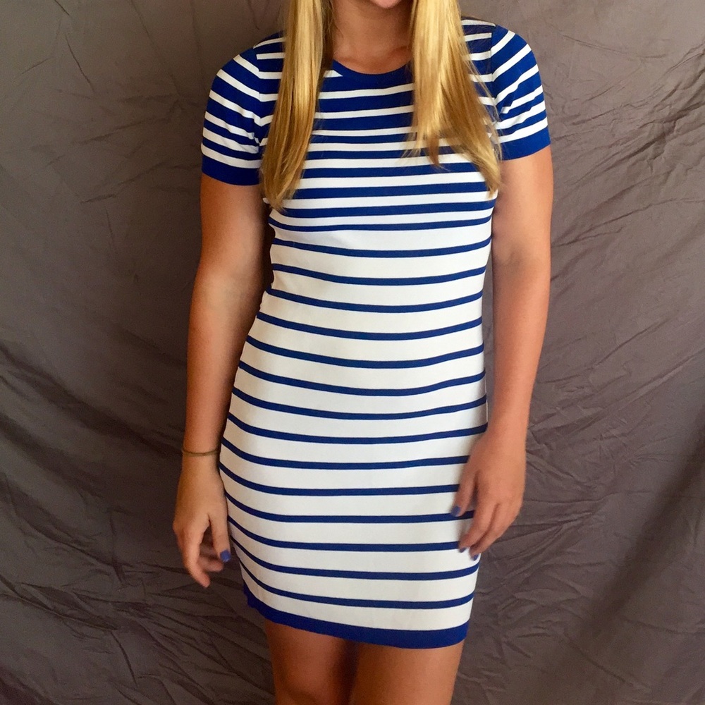 CUTE BLUE WHITE STRIPED KNIT TSHIRT DRESS SZ S!
